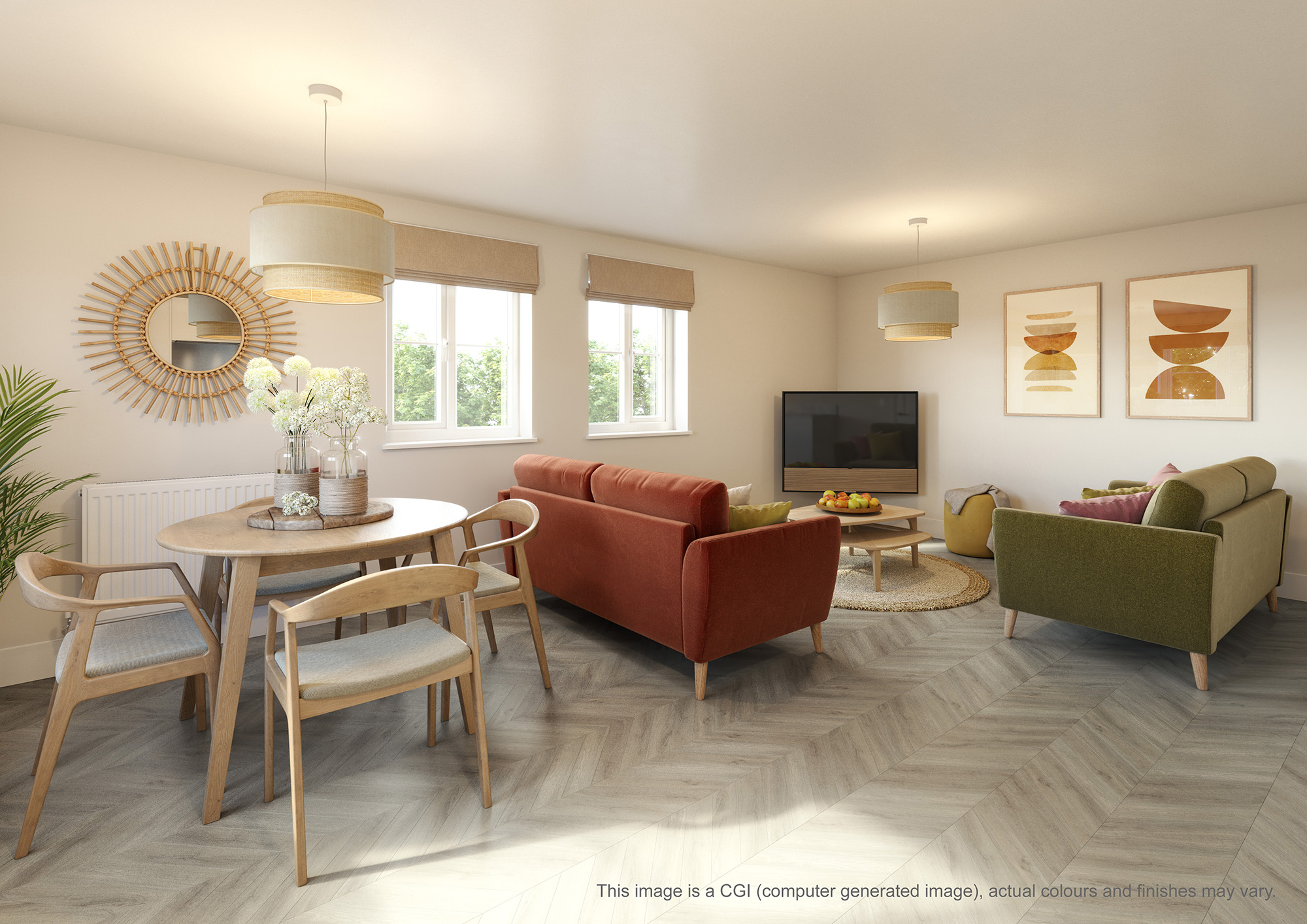 CGI of a living room from a 2 bedroom apartment at Bramley Park