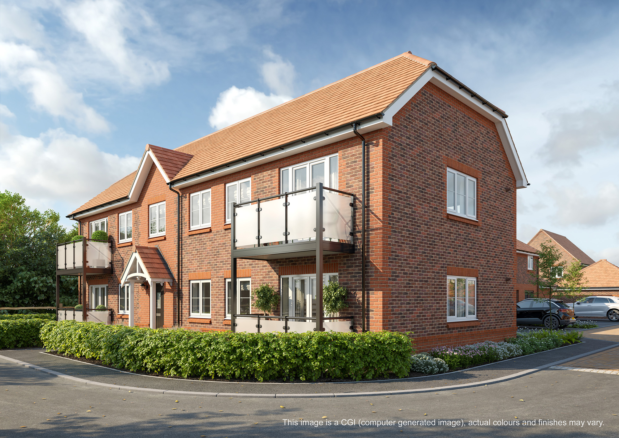 CGI of an apartment and maisonette block at Herons Quarter
