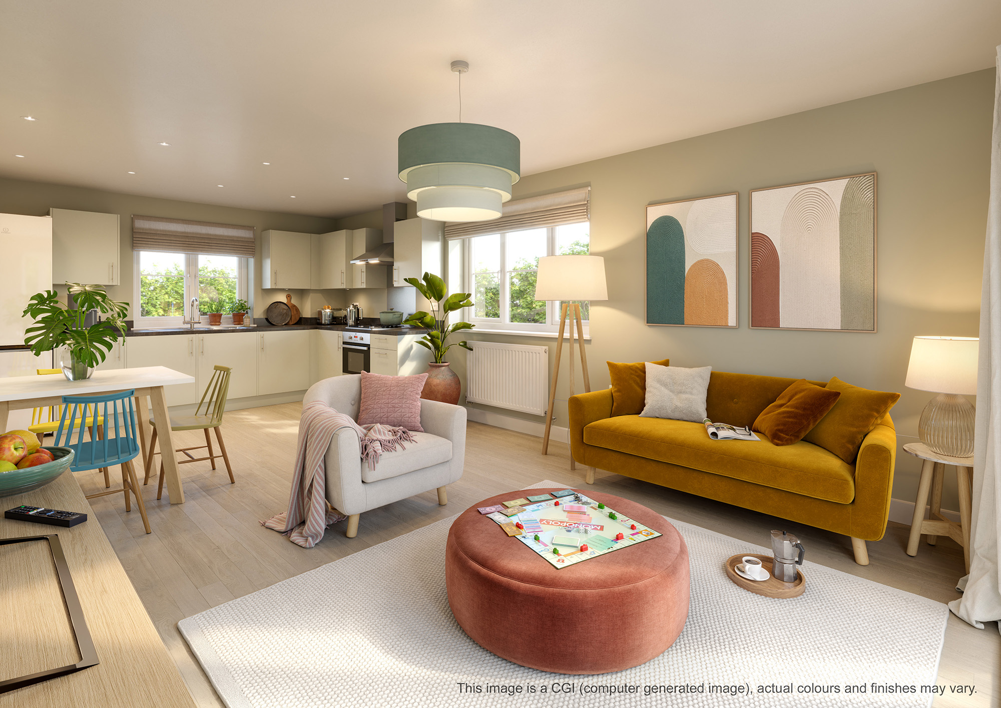CGI of a 1 bed apartment kitchen/diner at Herons Quarter