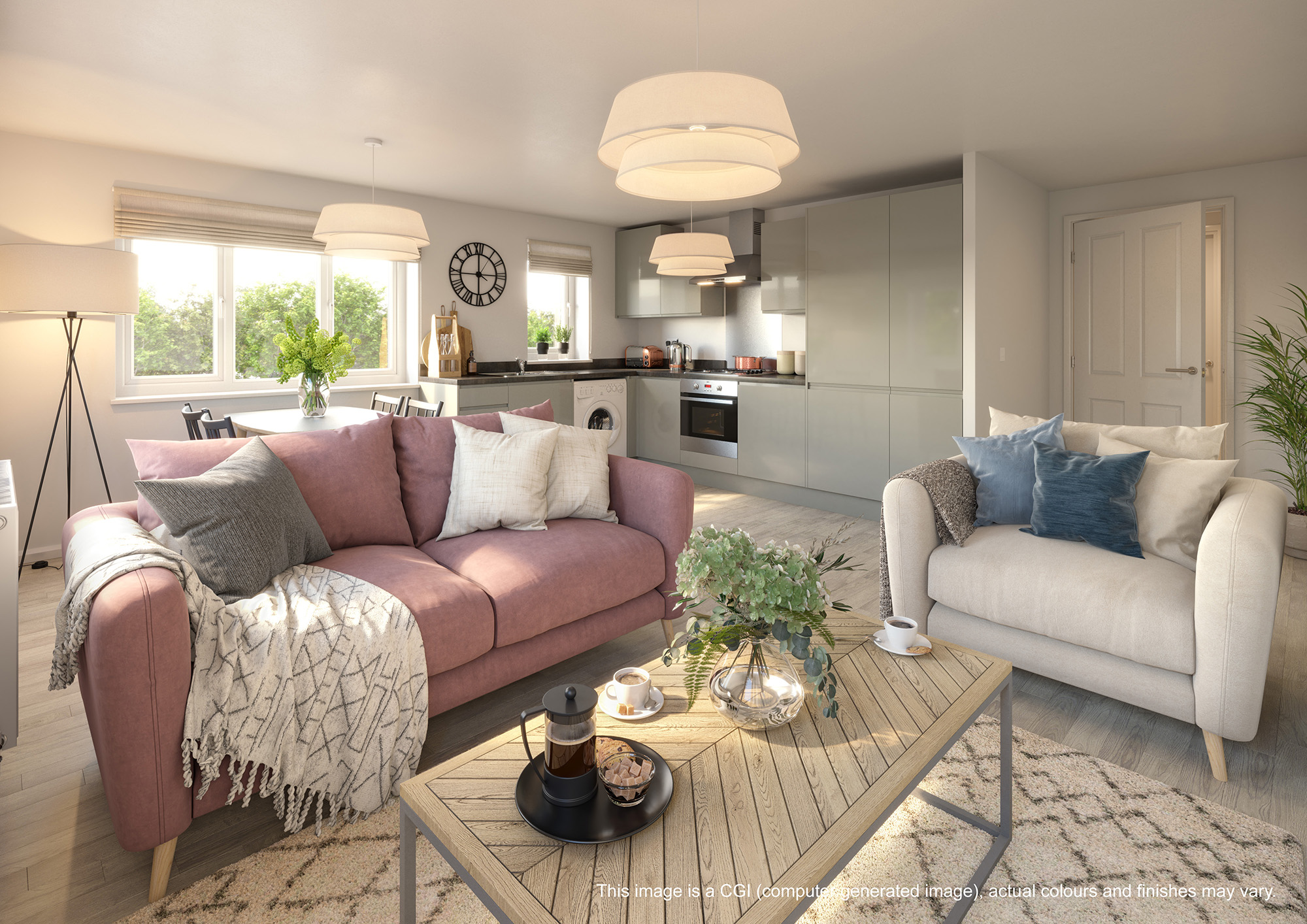 CGI of a maisonette living room at a Shared Ownership property at Albany Park in Church Crookham